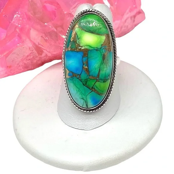 Peacock Dahlia Turquoise Ring Size 7 Solid 925 Sterling Silver Oval Green Blue - Picture 1 of 7